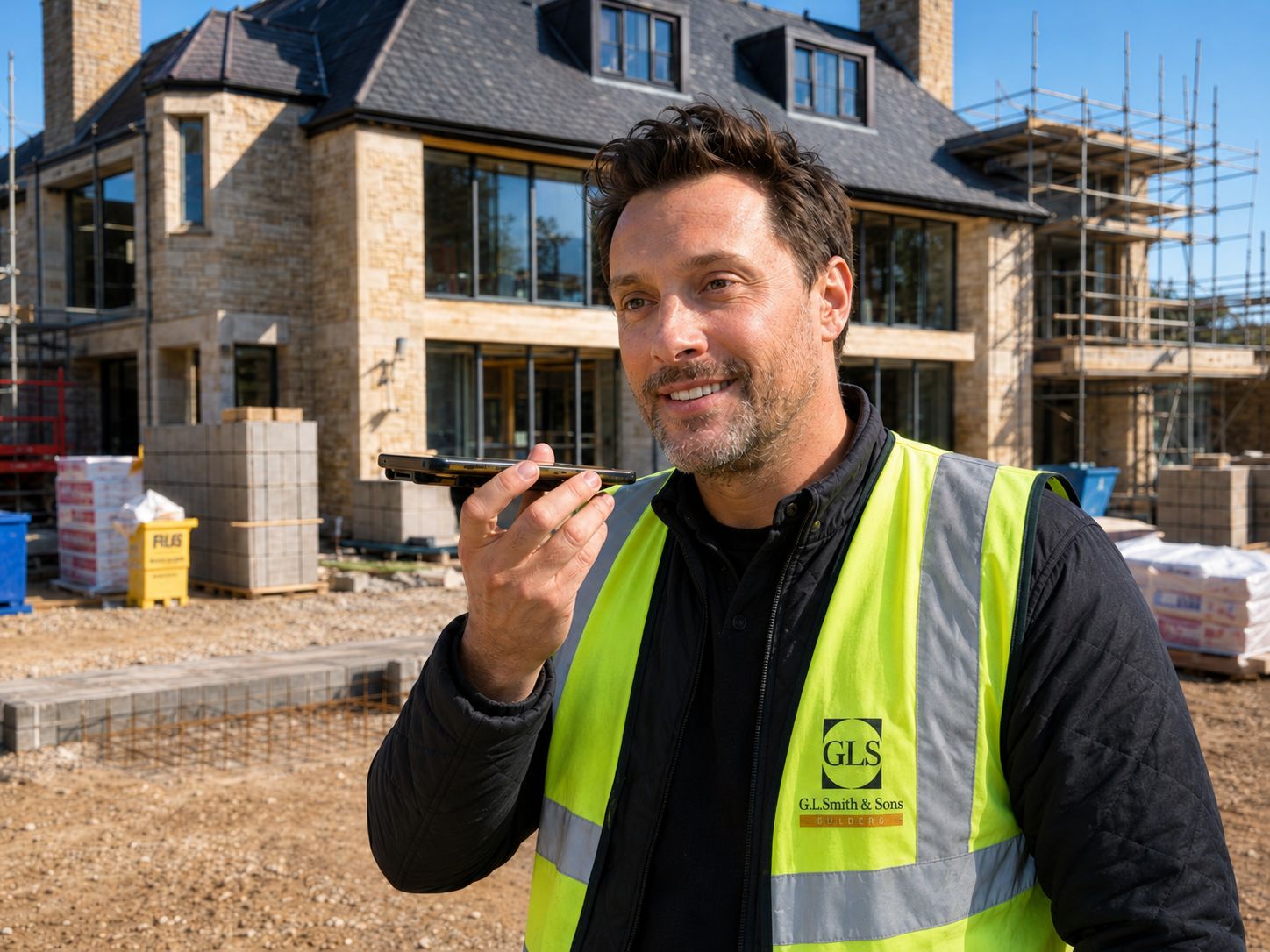 A builder in a hi-vis vest on site, sending word to SiteDesk from the phone in his hand